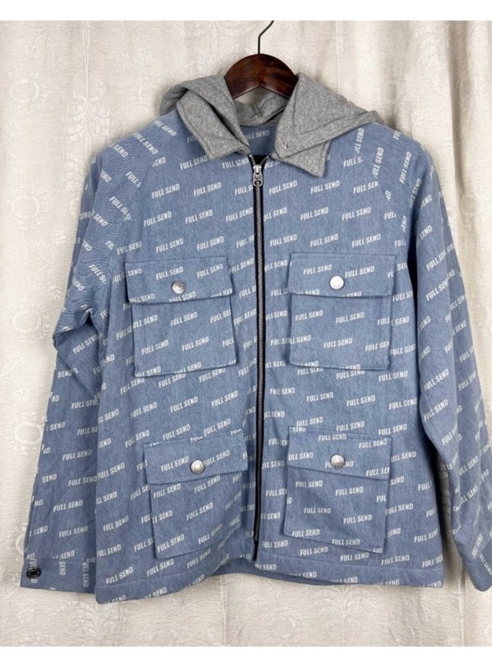 Full Send by NELK • NWT Full Zip Denim Utility Jacket with Removable Hood